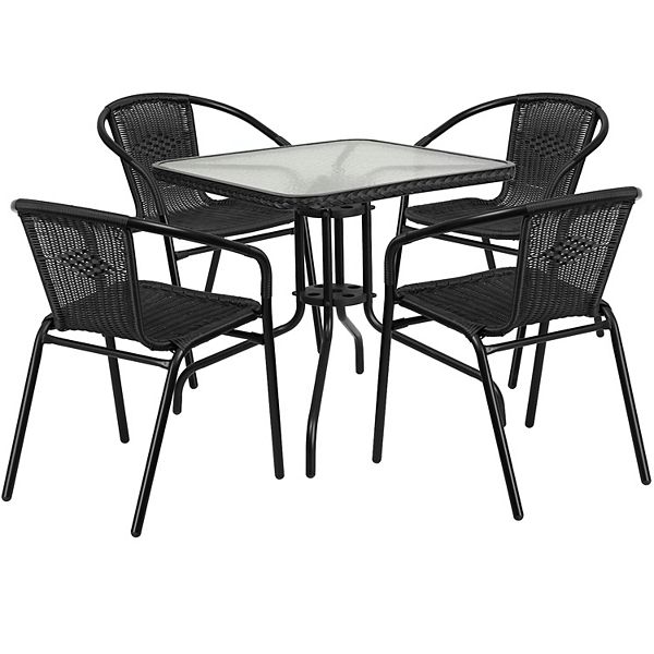 Flash Furniture Patio Square Table & Rattan Chair 5-piece Set - Black Rattan