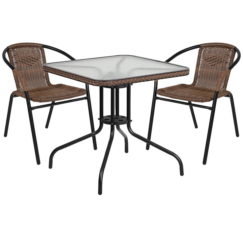 Flash Furniture Square Patio Table & Rattan Stacking Chair 3-piece Set, Bro