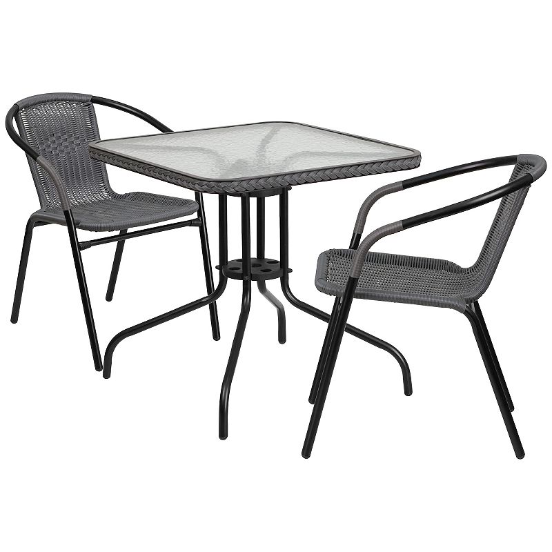 Flash Furniture Square Patio Table & Rattan Stacking Chair 3-piece Set, Gre