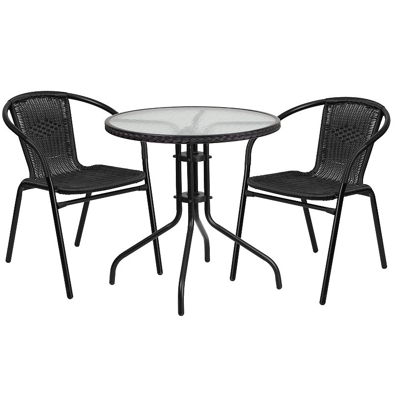 Flash Furniture Patio Round Table & Rattan Stacking Chair 3-piece Set, Blac
