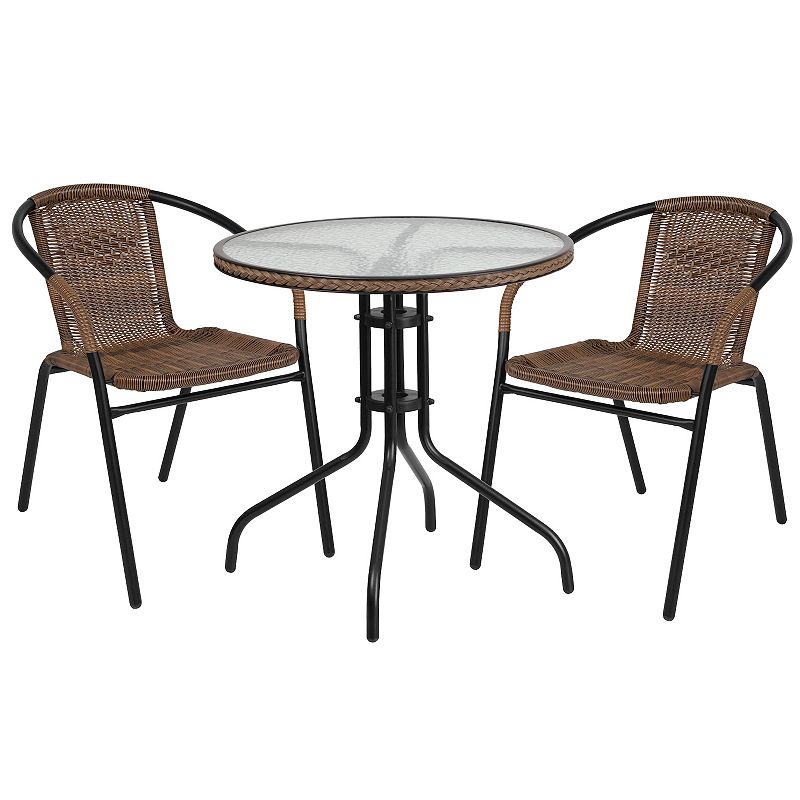 Flash Furniture Patio Round Table & Rattan Stacking Chair 3-piece Set, Brow