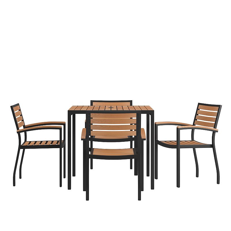 Flash Furniture Outdoor Faux Teak Dining Table & Club Chair 5-piece Set, Br