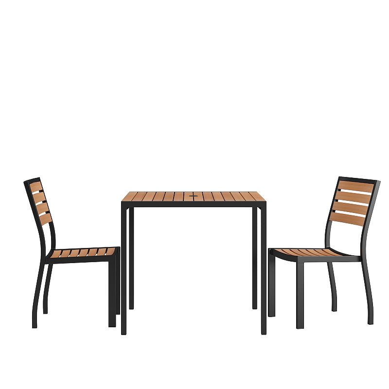 Flash Furniture Patio Faux Teak Dining Table & Chair 3-piece Set, Brown