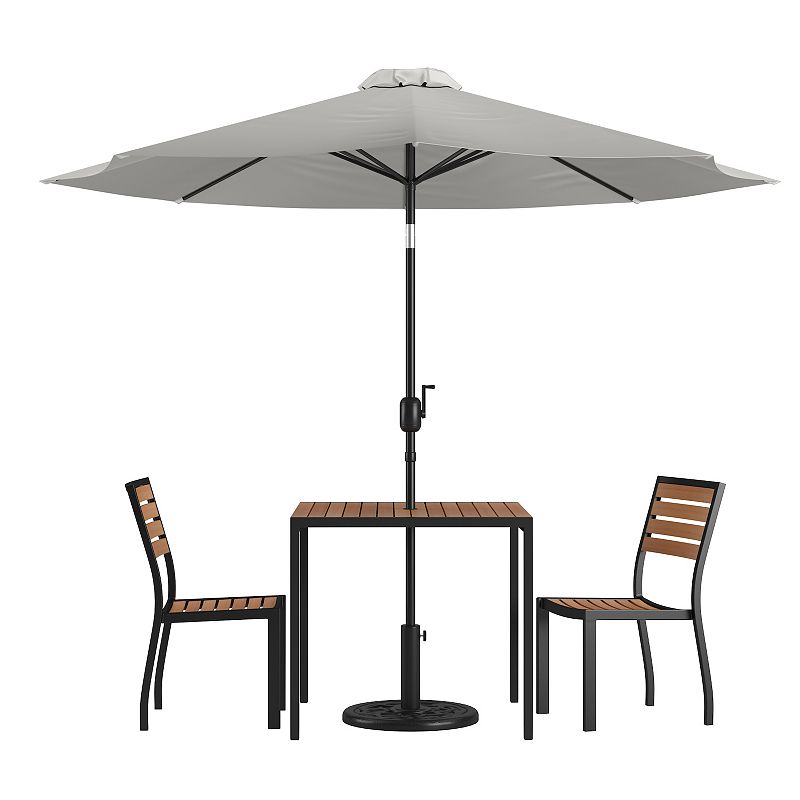 Flash Furniture All-Weather Faux Teak Chairs, Square Table, Umbrella & Base