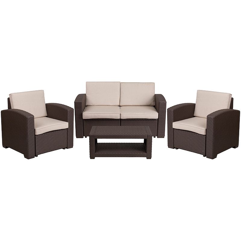 Flash Furniture Outdoor Faux Rattan Chair, Loveseat, and Coffee Table 4-pie