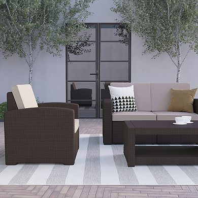 Flash Furniture Outdoor Faux Rattan Chair, Loveseat, and Coffee Table 4-piece Set