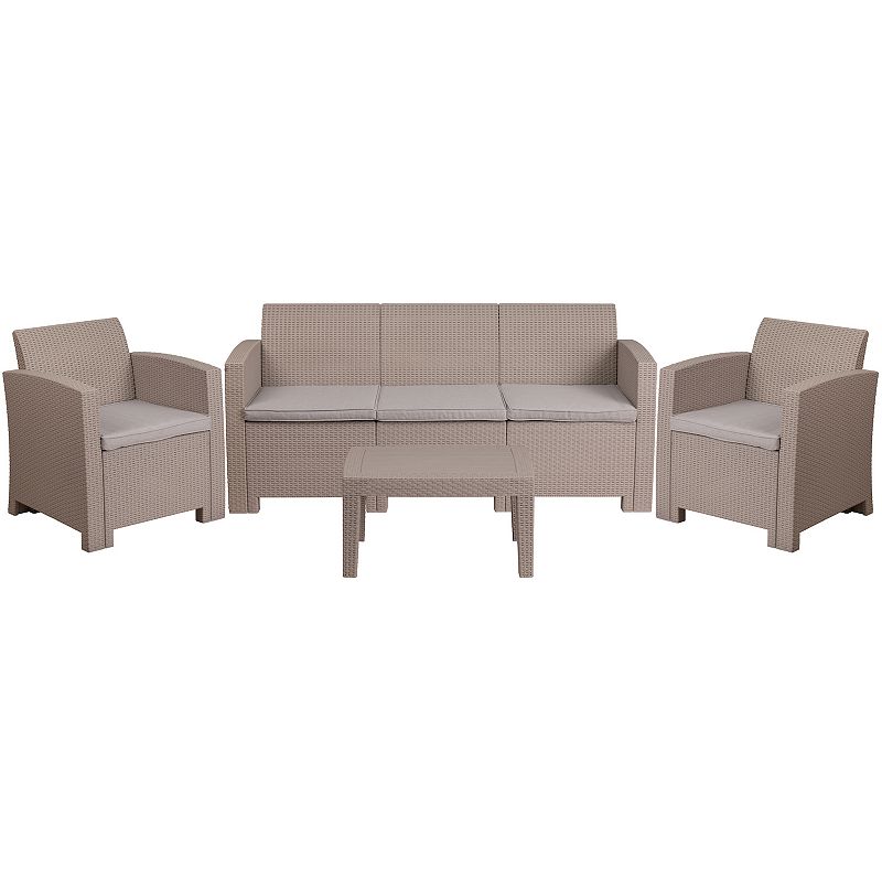 Flash Furniture Outdoor Faux Rattan Chair, Couch, and Coffee Table 4-piece 