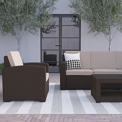 Flash Furniture Faux Rattan Outdoor Chair, Couch, and Coffee Table 4-piece Set