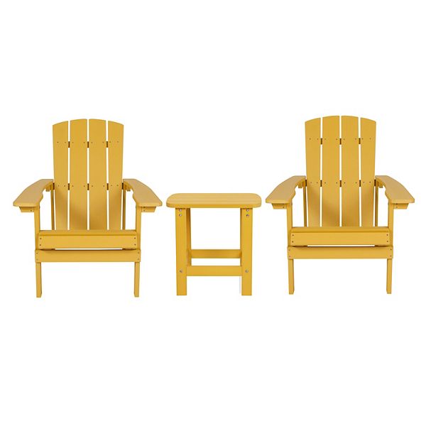 Flash Furniture 2 Pack Charlestown All-Weather Poly Resin Wood Adirondack Chairs with Side Table in Yellow