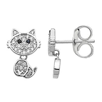Sophie Miller Cheryl M Sterling Silver Dangle Cubic Zirconia Cat Earrings