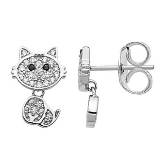 Sophie Miller Cheryl M Sterling Silver Dangle Cubic Zirconia Cat Earrings