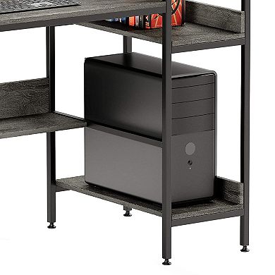 Bestier Computer Office Desk Workstation with Side Storage Shelves & Hook, Grey