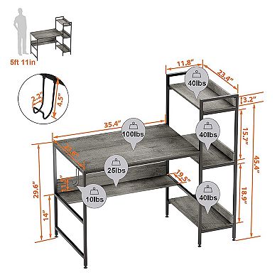 Bestier Computer Office Desk Workstation with Side Storage Shelves & Hook, Grey