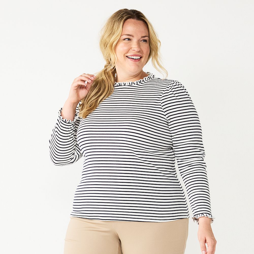 Simple Striped Long Sleeve Ruffle Neck Top