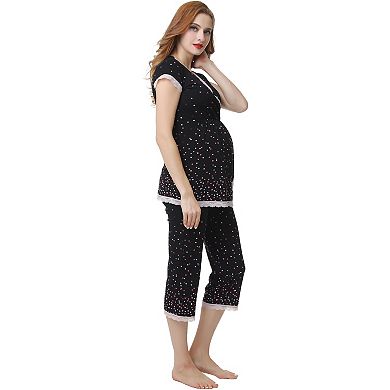 Maternity Pokkori Lace-Accent Nursing Pajama Top & Pajama Capri Set