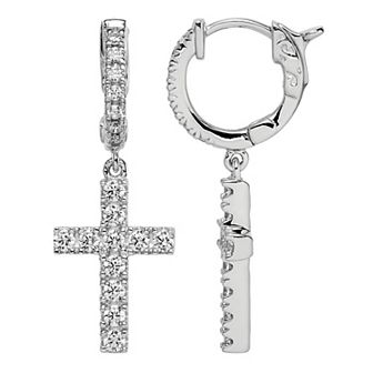 Sterling Shimmer Cubic Zirconia Hinged Hoop Dangle Cross Earrings