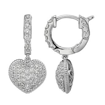 Sterling Shimmer Cubic Zirconia Hinged Hoop Dangle Heart Earrings