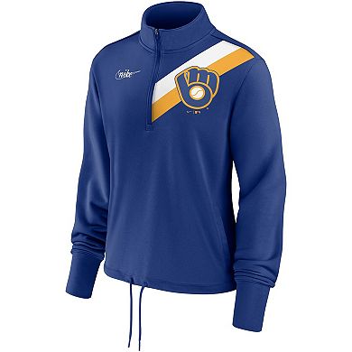 Women's Nike Royal Milwaukee Brewers 1982 Cooperstown Collection Rewind Stripe Performance Half-Zip Pullover