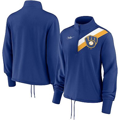 Women's Nike Royal Milwaukee Brewers 1982 Cooperstown Collection Rewind Stripe Performance Half-Zip Pullover