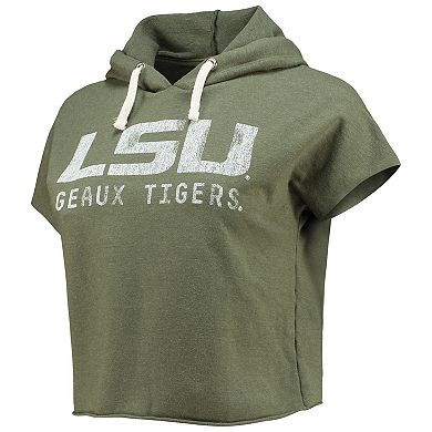 Women's Original Retro Brand Olive LSU Tigers Cropped Tri-Blend Short Sleeve Pullover Hoodie