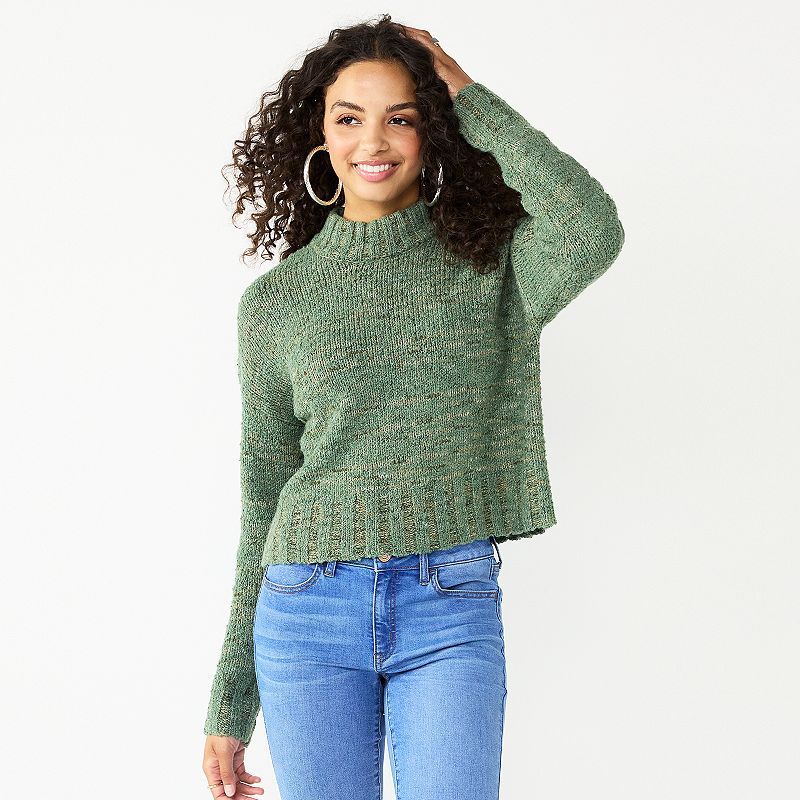 Juniors SO Cropped Mockneck Spacedye Sweater, Girls, Size: XL, Green