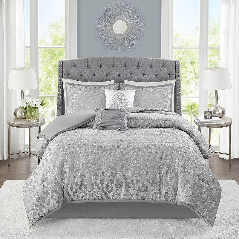 Madison Park Morgan 6-Piece Comforter Set with Throw Pillows, Grey, Cal Kin