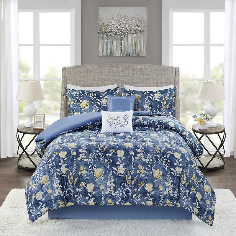 Madison Park Mirabella 6-Piece Floral Comforter Set With Throw Pillows, Blu