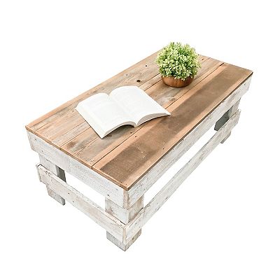 del Hutson Designs Landmark Pine Wood Farmhouse End Coffee Table Natural White