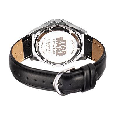 Disney's Star Wars Logo Pattern Men's Silver Tone Stainless Steel Black Leather Watch