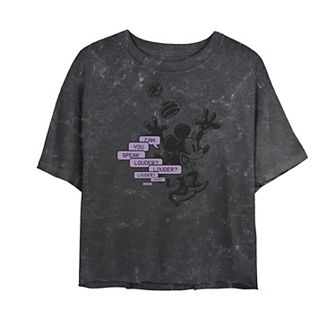 Junior's Disney Shock Minnie Mouse Can You Speak Louder? Mineral Wash Crop Tee