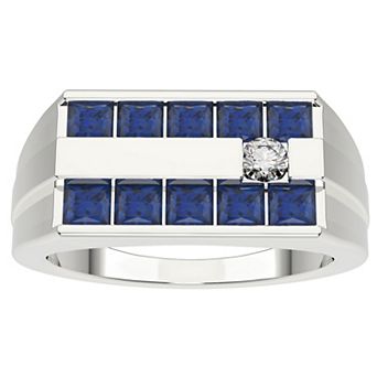 Men's Sterling Silver Lab Created Sapphire & Diamond Accent Ring