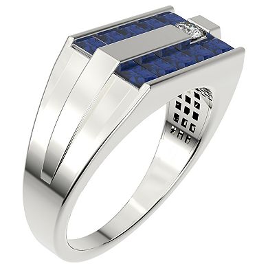 Men's Sterling Silver Lab Created Sapphire & Diamond Accent Ring