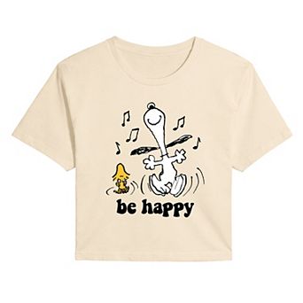 Juniors' Peanuts Snoopy & Woodstock "Be Happy" Cropped Graphic Tee