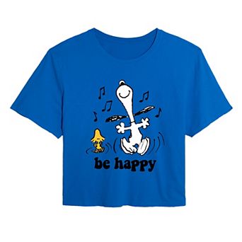 Juniors' Peanuts Snoopy & Woodstock "Be Happy" Cropped Graphic Tee