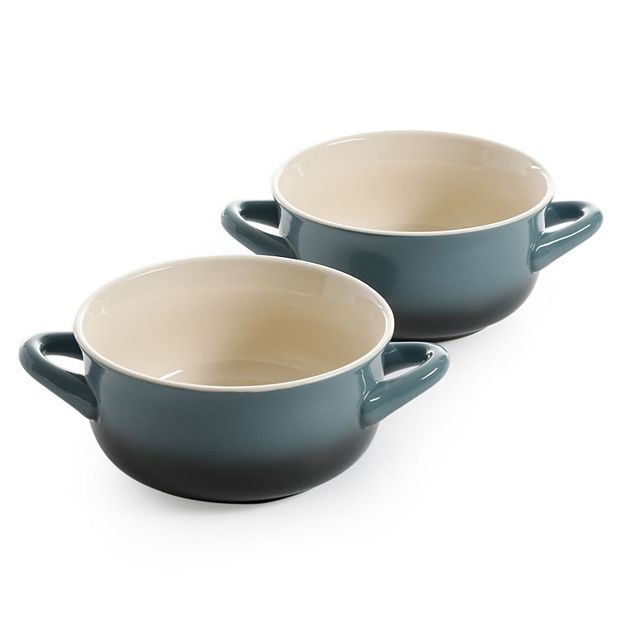 Baking Serving Ceramic Blue Soup Bowls Crocks with Handles - 16 Ounce - Set of 2