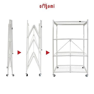 Origami Wheeled 4-Shelf Folding Steel Wire Shelving, White (21" x 36" x 60")