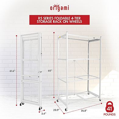 Origami Wheeled 4-Shelf Folding Steel Wire Shelving, White (21" x 36" x 60")