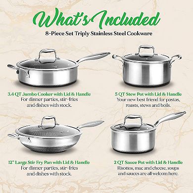 NutriChef 8-Piece Triply Cookware Set Stainless Steel - Triply Kitchenware Pots & Pans Set