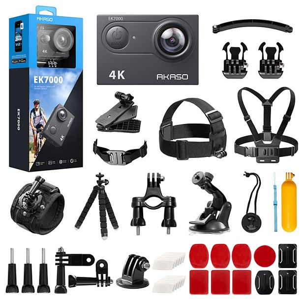 AKASO EK7000 Pro 4K Touch Screen Action Camera, Remote Control, Batteries &  Helmet Accessories Kit