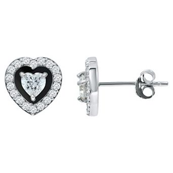 Aleure Precioso Sterling Silver Enamel & Cubic Zirconia Heart Shaped Halo Stud Earrings