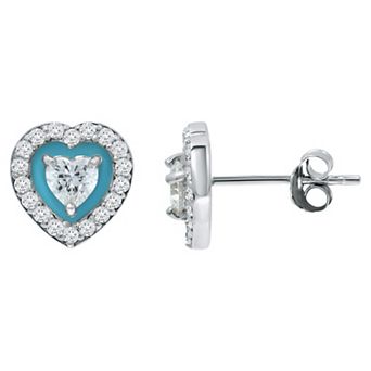 Aleure Precioso Sterling Silver Enamel & Cubic Zirconia Heart Shaped Halo Stud Earrings