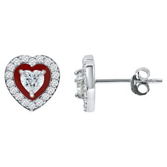 Aleure Precioso Sterling Silver Enamel & Cubic Zirconia Heart Shaped Halo Stud Earrings