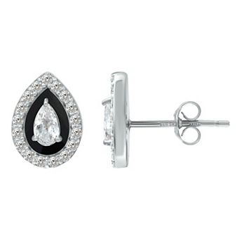 Aleure Precioso Sterling Silver Enamel & Cubic Zirconia Pear Shaped Halo Stud Earrings