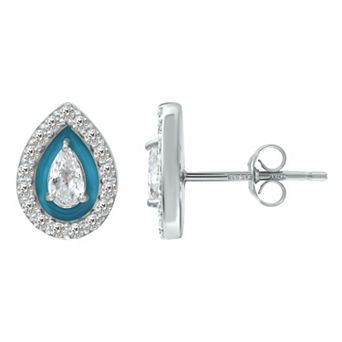 Aleure Precioso Sterling Silver Enamel & Cubic Zirconia Pear Shaped Halo Stud Earrings