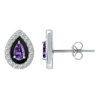 Aleure Precioso Sterling Silver Enamel & Cubic Zirconia Pear Shaped Halo Stud Earrings