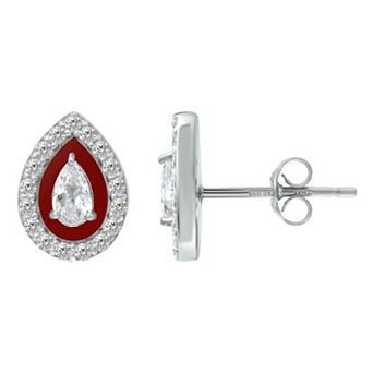 Aleure Precioso Sterling Silver Enamel & Cubic Zirconia Pear Shaped Halo Stud Earrings