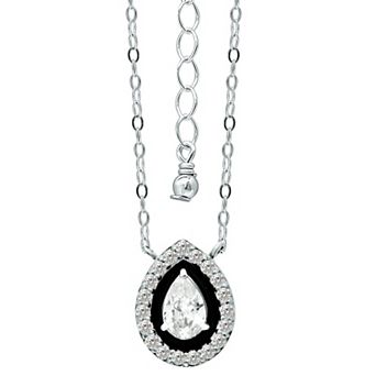 Aleure Precioso Sterling Silver Enamel & Cubic Zirconia Pear Shaped Halo Necklace