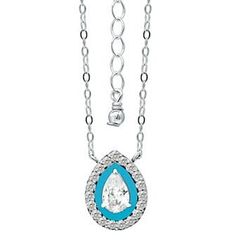 Aleure Precioso Sterling Silver Enamel & Cubic Zirconia Pear Shaped Halo Necklace