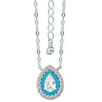 Aleure Precioso Sterling Silver Enamel & Cubic Zirconia Pear Shaped Halo Necklace