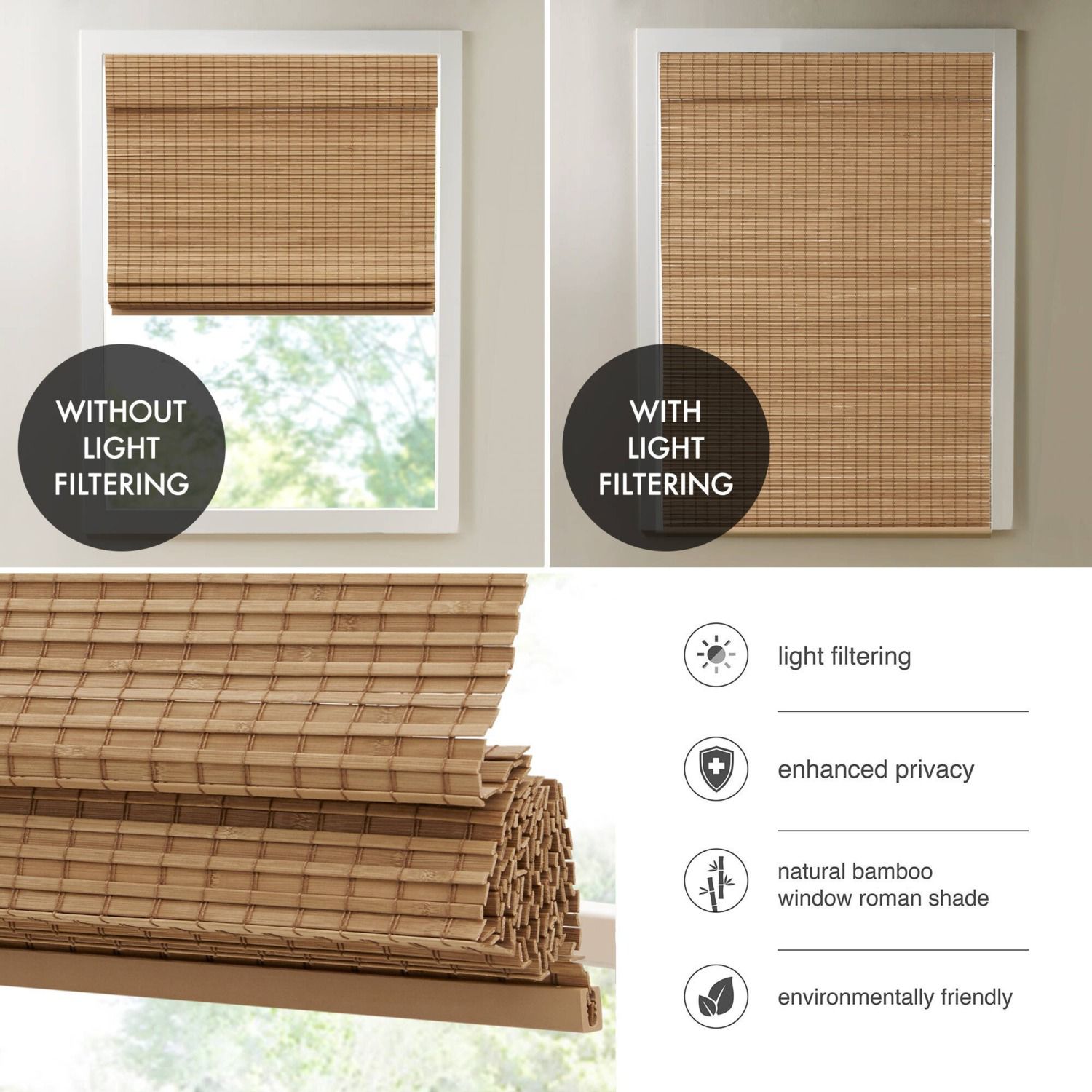Madison Park Lyndon Bamboo Light Filtering Cordless Roman Shade